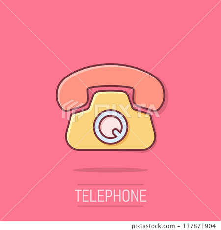 Mobile phone icon in comic style. Telephone talk cartoon vector illustration on isolated background. Hotline contact splash effect business concept. 117871904