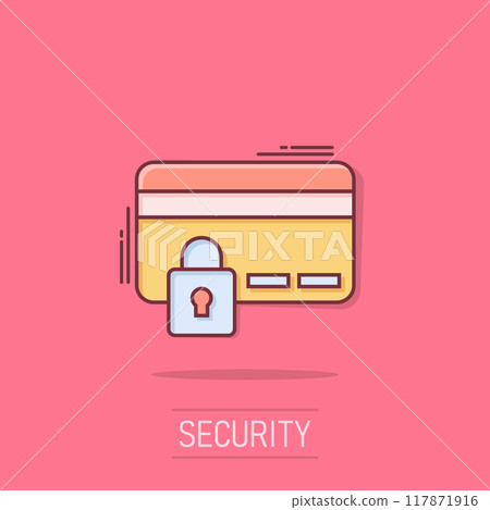 Credit card protection icon in comic style. Safe shopping cartoon vector illustration on isolated background. Commercial padlock splash effect business concept. 117871916