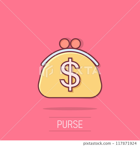 Wallet icon in comic style. Purse cartoon vector illustration on isolated background. Finance bag splash effect business concept. 117871924