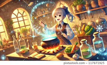 Fantasy wizard, girl cooking in magic kitchen 117871925