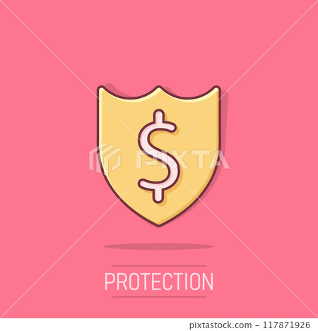 Shield with money icon in comic style. Cash protection cartoon vector illustration on isolated background. Banking splash effect business concept. 117871926