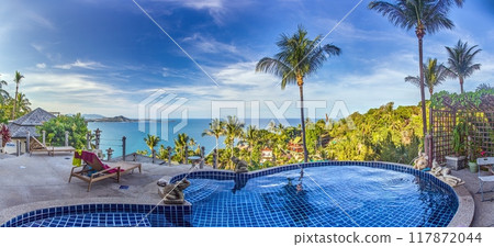 View over an infinity pool on a slope above a tropical beach View over an infinity pool on a slope above a tropical beach 117872044