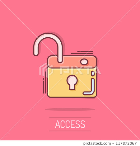 Locker icon in comic style. Padlock password cartoon vector illustration on white isolated background. Key unlock splash effect business concept. Locker icon in comic style. Padlock password cartoon vector illustration on white isolated background. Key unlock splash effect business concept. 117872067