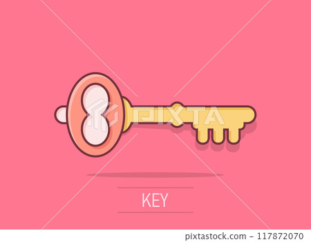 Key icon in comic style. Password cartoon vector illustration on white isolated background. Access splash effect business concept. Key icon in comic style. Password cartoon vector illustration on white isolated background. Access splash effect business concept. 117872070