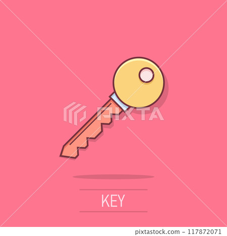 Key icon in comic style. Password cartoon vector illustration on white isolated background. Access splash effect business concept. Key icon in comic style. Password cartoon vector illustration on white isolated background. Access splash effect business concept. 117872071