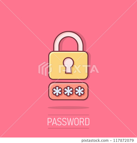Login icon in comic style. Password access cartoon vector illustration on white isolated background. Padlock entry splash effect business concept. Login icon in comic style. Password access cartoon vector illustration on white isolated background. Padlock entry splash effect business concept. 117872079