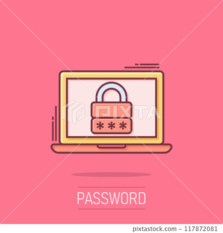 Laptop with password icon in comic style. Computer access cartoon vector illustration on white isolated background. Padlock entry splash effect business concept. 117872081