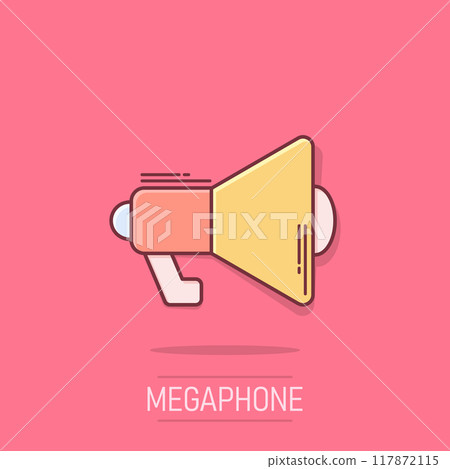 Megaphone speaker icon in comic style. Bullhorn cartoon sign vector illustration on isolated background. Scream announcement splash effect business concept. 117872115