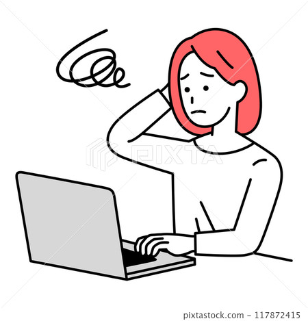 在筆記型電腦上工作的休閒女性感到困惑 在筆記型電腦上工作的休閒女性感到困惑 117872415