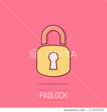 Padlock icon in comic style. Lock cartoon vector illustration on white isolated background. Private splash effect business concept. Padlock icon in comic style. Lock cartoon vector illustration on white isolated background. Private splash effect business concept. 117872437
