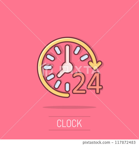 Clock icon in comic style. Watch cartoon vector illustration on isolated background. Timer splash effect business concept. Clock icon in comic style. Watch cartoon vector illustration on isolated background. Timer splash effect business concept. 117872483