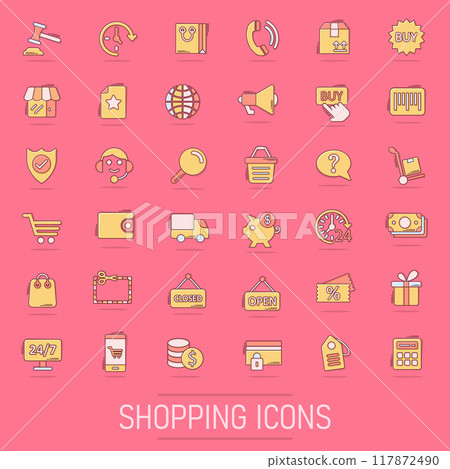 Shopping icons set in comic style. Online commerce cartoon vector illustration on isolated background. Market store splash effect business concept. 117872490
