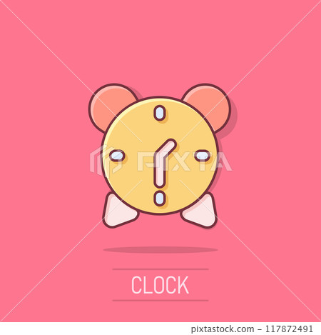 Clock icon in comic style. Watch cartoon vector illustration on isolated background. Timer splash effect business concept. 117872491