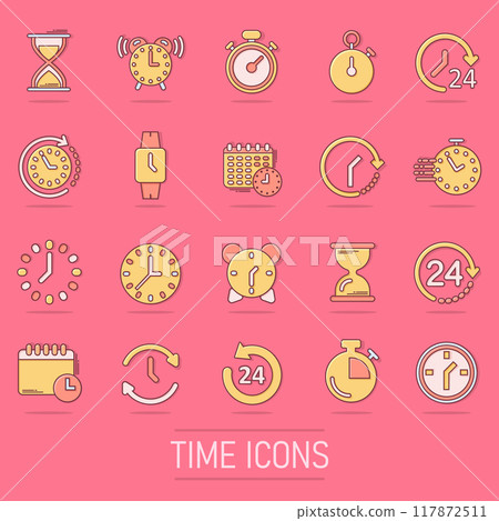 Time icon set in comic style. Agenda clock cartoon vector illustration on isolated background. Sandglass, wristwatch timer splash effect business concept. Time icon set in comic style. Agenda clock cartoon vector illustration on isolated background. Sandglass, wristwatch timer splash effect business concept. 117872511