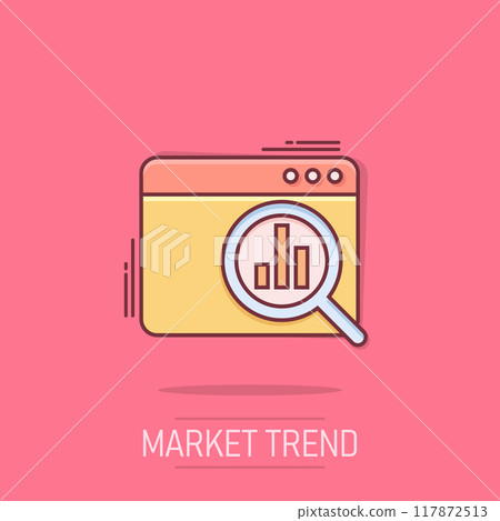 Market trend icon in comic style. Growth arrow with magnifier cartoon vector illustration on isolated background. Increase splash effect business concept. Market trend icon in comic style. Growth arrow with magnifier cartoon vector illustration on isolated background. Increase splash effect business concept. 117872513