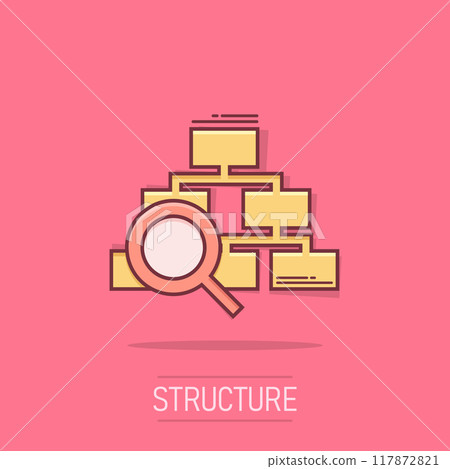 Hierarchy diagram icon in comic style. Structure search cartoon vector illustration on isolated background. Organization workflow splash effect business concept. 117872821