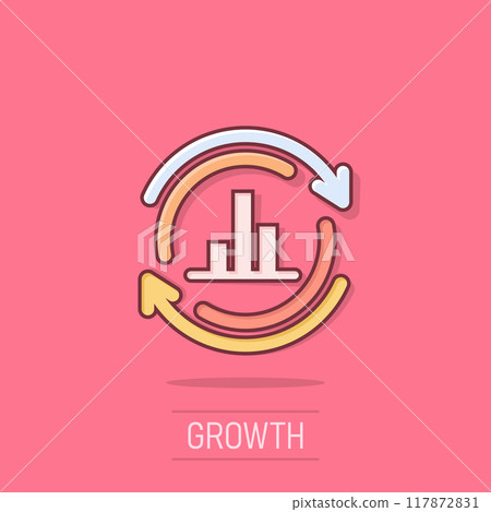 Growing bar graph icon in comic style. Increase arrow cartoon vector illustration on isolated background. Infographic progress splash effect business concept. 117872831