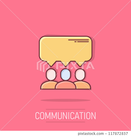 People with speech bubble icon in comic style. Chat cartoon vector illustration on isolated background. Speaker dialog splash effect business concept. 117872837