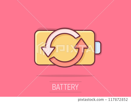 Battery charge icon in comic style. Power level cartoon vector illustration on isolated background. Lithium accumulator splash effect business concept. Battery charge icon in comic style. Power level cartoon vector illustration on isolated background. Lithium accumulator splash effect business concept. 117872852