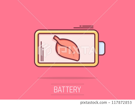 Battery charge icon in comic style. Power level cartoon vector illustration on isolated background. Lithium accumulator splash effect business concept. Battery charge icon in comic style. Power level cartoon vector illustration on isolated background. Lithium accumulator splash effect business concept. 117872853