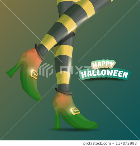 vector halloween party poster with witch legs and vintage ribbon with text happy halloween on brown background . girls legs with stripped stockings and shoes. 117872998