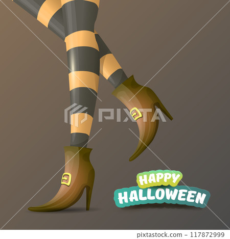 vector halloween party poster with witch legs and vintage ribbon with text happy halloween on brown background . girls legs with stripped stockings and shoes. 117872999
