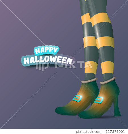 vector halloween party poster with witch legs and vintage ribbon with text happy halloween on brown background . girls legs with stripped stockings and shoes. vector halloween party poster with witch legs and vintage ribbon with text happy halloween on brown background . girls legs with stripped stockings and shoes. 117873001