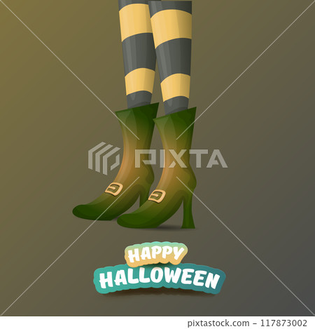 vector halloween party poster with witch legs and vintage ribbon with text happy halloween on brown background . girls legs with stripped stockings and shoes. 117873002