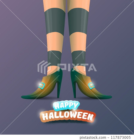 vector halloween party poster with witch legs and vintage ribbon with text happy halloween on brown background . girls legs with stripped stockings and shoes. vector halloween party poster with witch legs and vintage ribbon with text happy halloween on brown background . girls legs with stripped stockings and shoes. 117873005