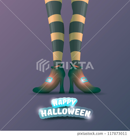 vector halloween party poster with witch legs and vintage ribbon with text happy halloween on brown background . girls legs with stripped stockings and shoes. vector halloween party poster with witch legs and vintage ribbon with text happy halloween on brown background . girls legs with stripped stockings and shoes. 117873011