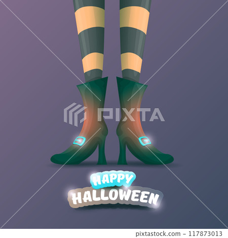 vector halloween party poster with witch legs and vintage ribbon with text happy halloween on brown background . girls legs with stripped stockings and shoes. vector halloween party poster with witch legs and vintage ribbon with text happy halloween on brown background . girls legs with stripped stockings and shoes. 117873013