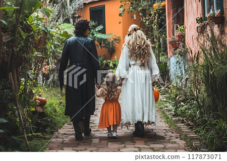 Rear view of a family dressed up in costume for Halloween. Generative AI. 117873071