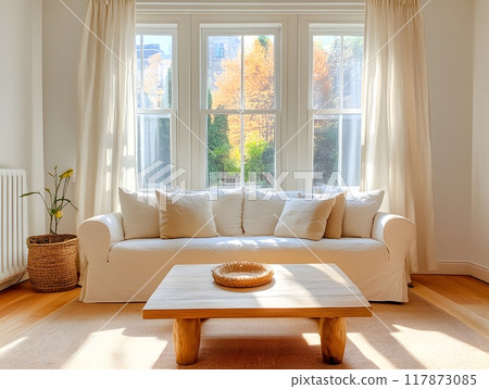 Light living room with window, table and comfortable. Generative AI. Light living room with window, table and comfortable. Generative AI. 117873085