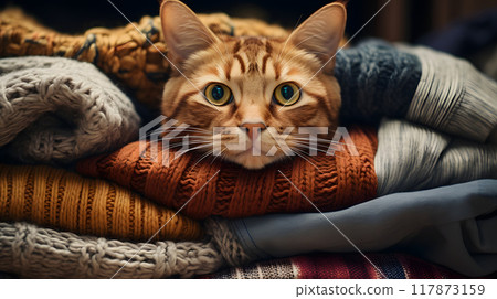 domestic cat under layers of colorful warm knitted scarves and woolen clothing 117873159