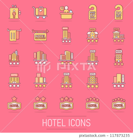 Hotel icon set in comic style. Booking cartoon vector illustration on isolated background. Vacation reservation splash effect business concept. 117873235