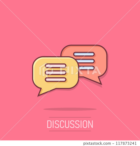 Speak chat sign icon in comic style. Speech bubbles cartoon vector illustration on isolated background. Team discussion button splash effect business concept. Speak chat sign icon in comic style. Speech bubbles cartoon vector illustration on isolated background. Team discussion button splash effect business concept. 117873241