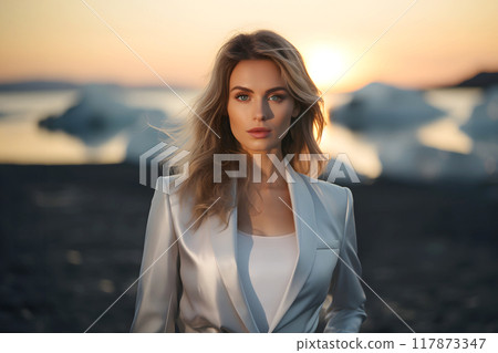 beautiful young fashionable woman on the black coast of iceland among the ice  117873347