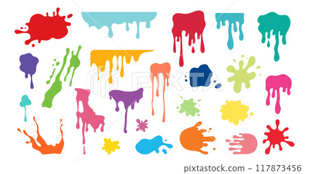 Color paint splash, splatter, blobs set. Multicolor splashes isolated on white background. Vector illustration 117873456
