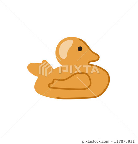 Rubber duck in a flat style. Design of simple shape for bathroom themed, children illustration or playful decorative elements. Vector isolated on a white background. 117873931