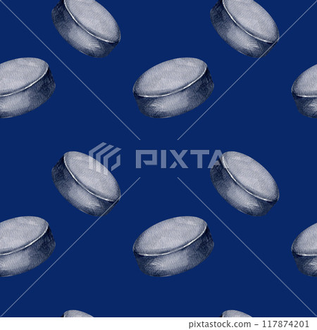 seamless pattern with black hockey puck on dark blue background, hand drawn watercolor sketch of ice sport theme, illustration of hockey equipment for hockey matches decoration seamless pattern with black hockey puck on dark blue background, hand drawn watercolor sketch of ice sport theme, illustration of hockey equipment for hockey matches decoration 117874201