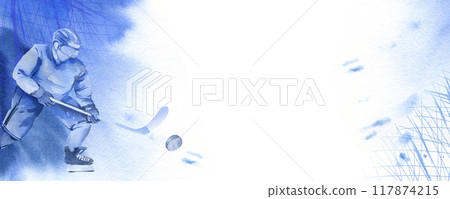 horizontal template with hockey players in action with sticks, puck, blue splashes, blue and white background, hand drawn watercolor sketch of ice sport theme, for hockey tickets, matches decoration horizontal template with hockey players in action with sticks, puck, blue splashes, blue and white background, hand drawn watercolor sketch of ice sport theme, for hockey tickets, matches decoration 117874215