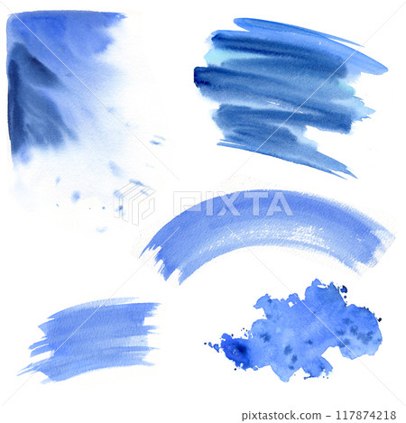 set of watercolor dynamic brush strokes, splashes, blue liquid artistic paint stains, abstract textured hand drawn blots isolated on white background, templates for background, posters, card set of watercolor dynamic brush strokes, splashes, blue liquid artistic paint stains, abstract textured hand drawn blots isolated on white background, templates for background, posters, card 117874218