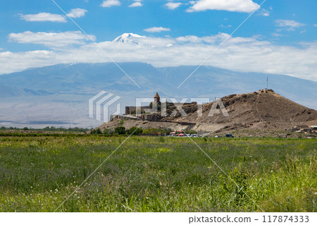 Serene Day at Khor Virap Monastery Overlooking Majestic Mount Ararat 117874333