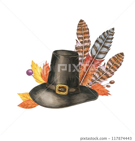Pilgrim hat with turkey feathers, placed next to two pumpkins, one orange, the other purple. Isolated Watercolor illustration for autumn or Thanksgiving invitations, greeting cards, or merchandise Pilgrim hat with turkey feathers, placed next to two pumpkins, one orange, the other purple. Isolated Watercolor illustration for autumn or Thanksgiving invitations, greeting cards, or merchandise 117874443