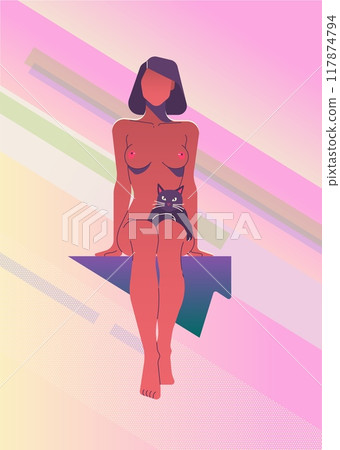 Abstract illustration of a nude woman sitting with a cat against a pastel background 117874794