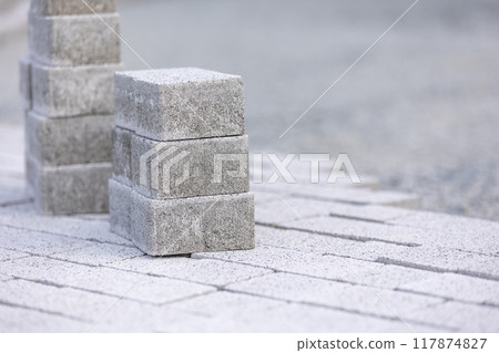 Detail to interlocking paving ready for new path pavement, building concept 117874827