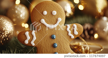 Smiling gingerbread man surrounded by christmas decorations 117874897