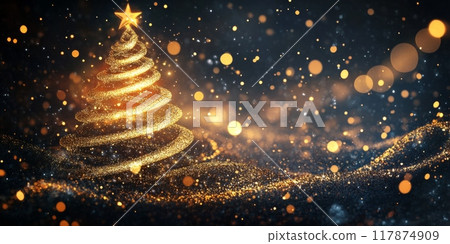 Golden christmas tree shining over dark golden glitter snow covered landscape 117874909