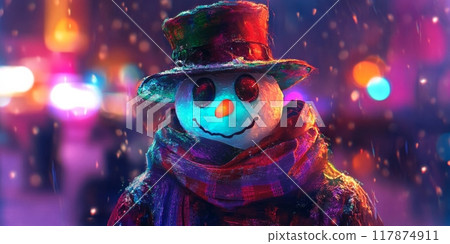 Snowman wearing top hat and scarf enjoying winter night lights 117874911