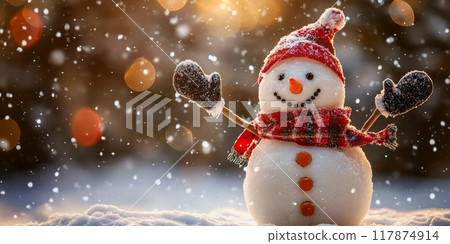 Happy snowman wearing a scarf and mittens enjoying a snowy day 117874914